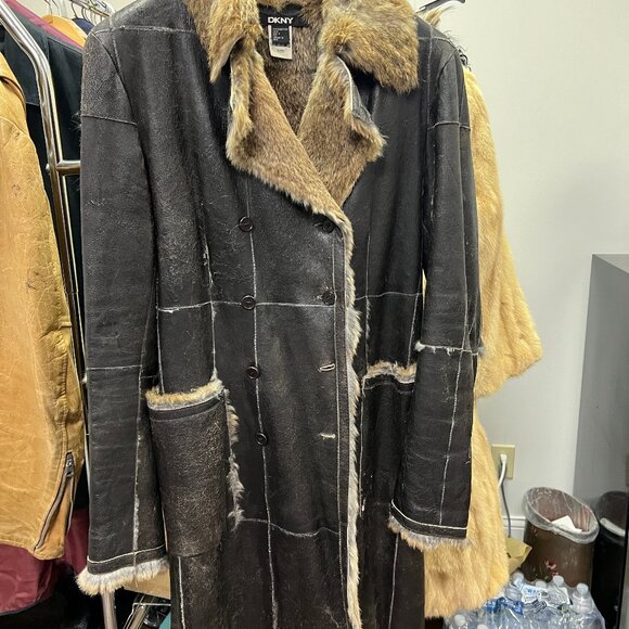SALE  - DKNY Leather & Fur Coat - Picture 1 of 8